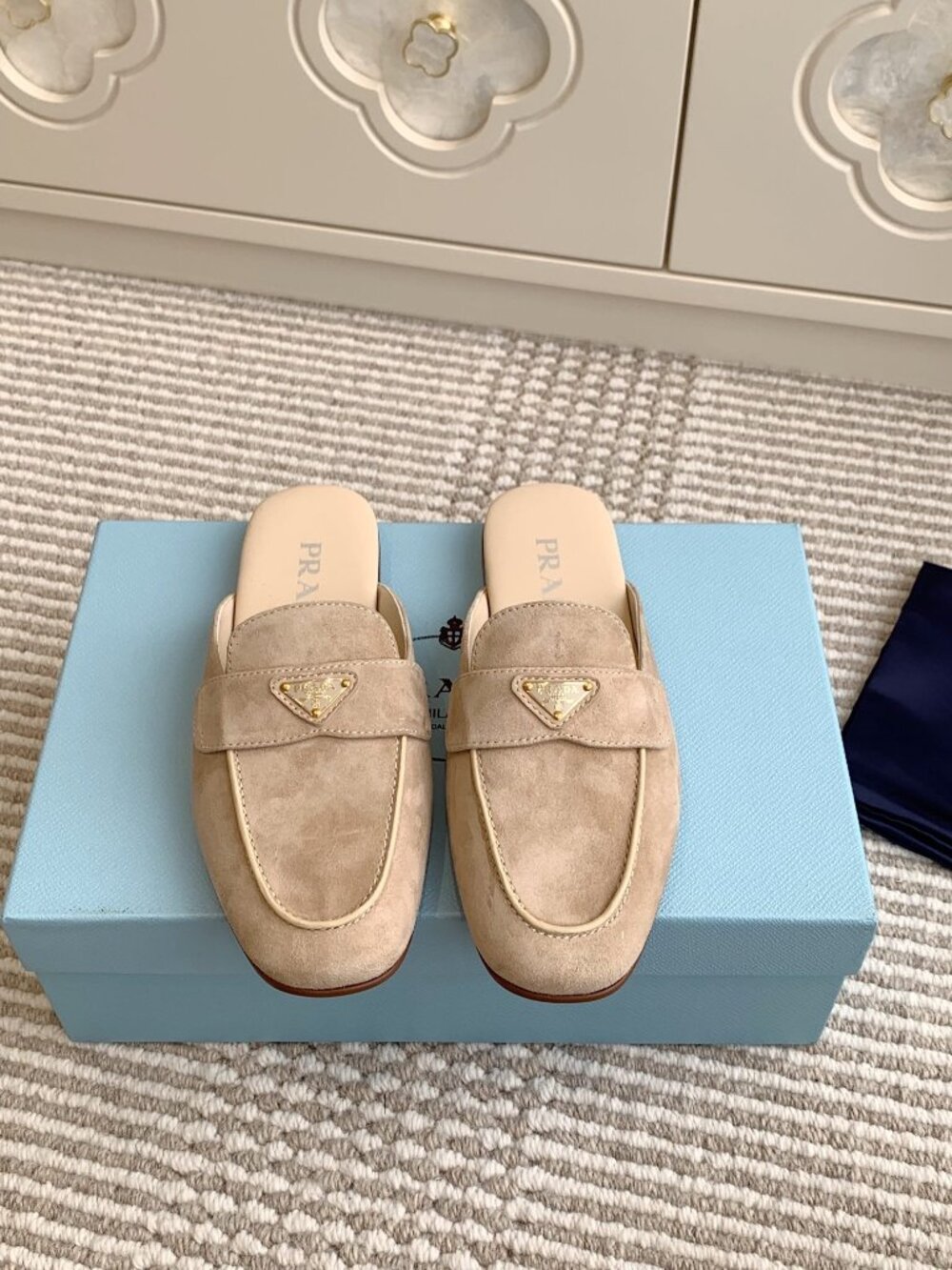 Prada Beige Suede Triangle Logo Mule Loafers